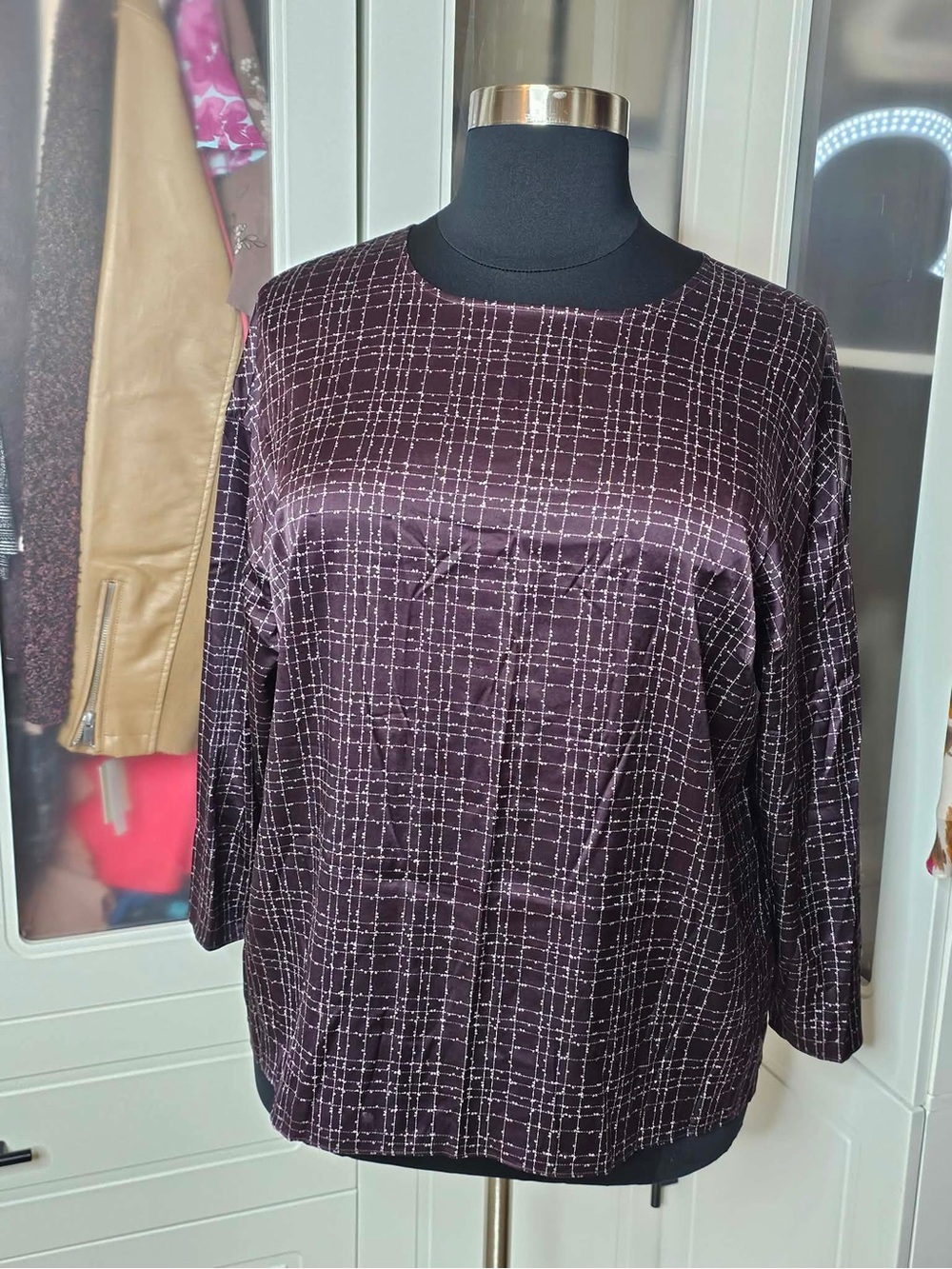 Eileen Fisher Plum Windowpane Satin Long-Sleeve Top